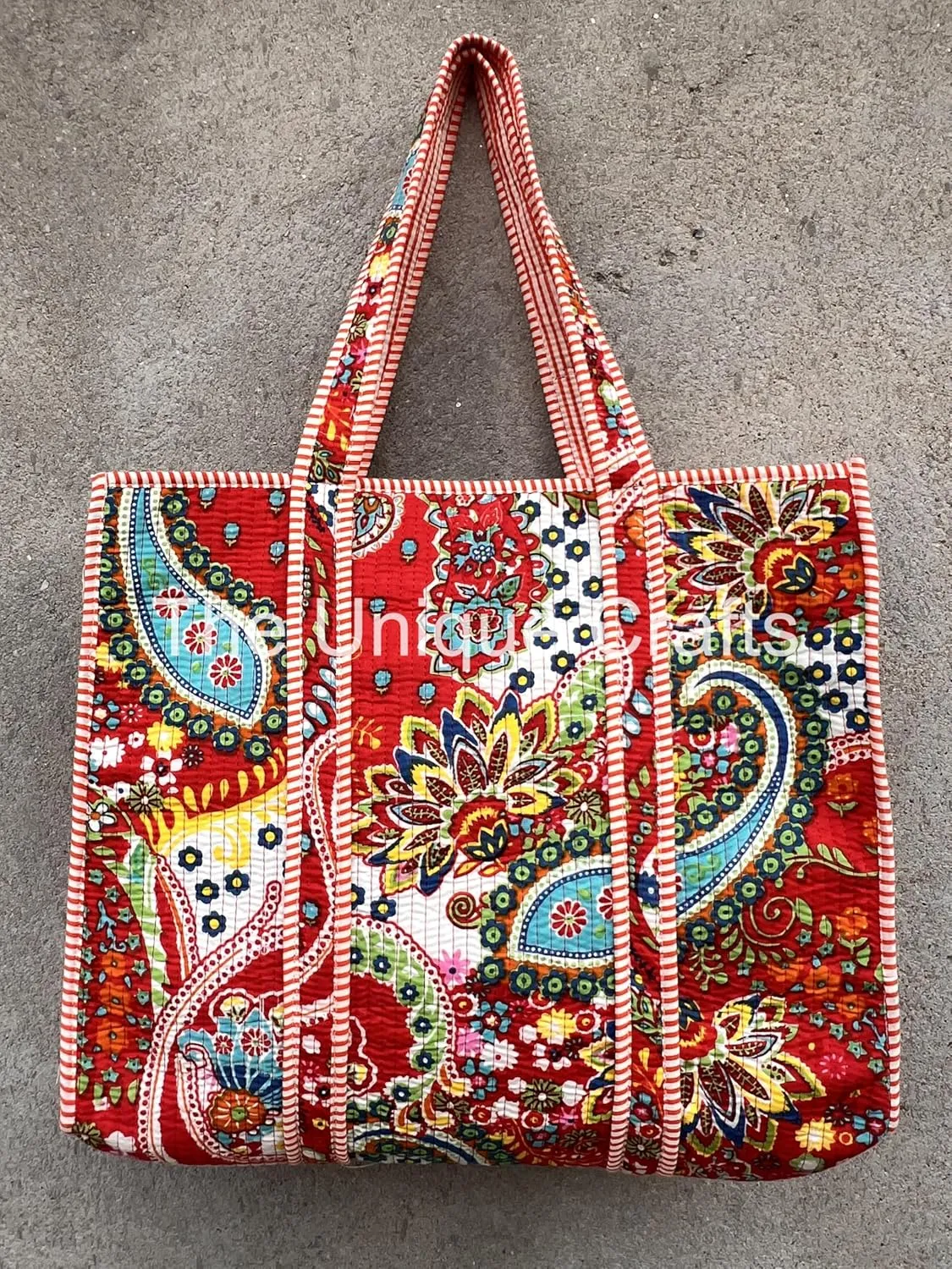 Women's Quilted Cotton Tote Bag Handprinted Reversible Hand Block Print Shoulder Bag Women Handbag Traveling Bag
