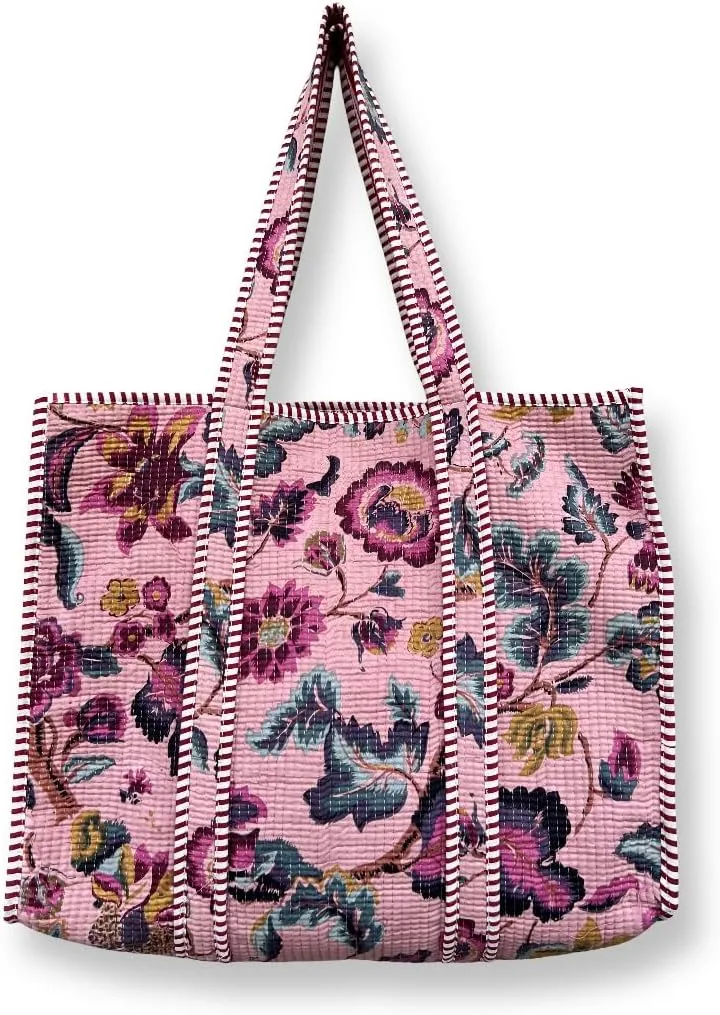 Women's Quilted Cotton Tote Bag Handprinted Reversible Hand Block Print Shoulder Bag Women Handbag Traveling Bag