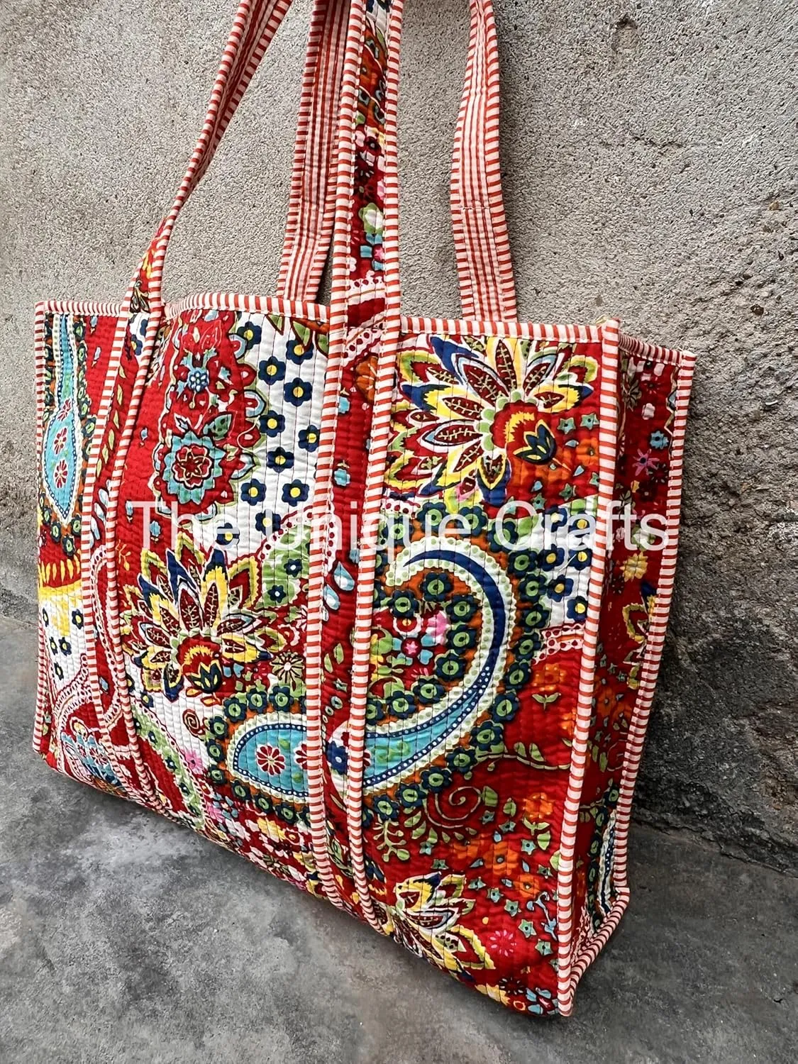 Women's Quilted Cotton Tote Bag Handprinted Reversible Hand Block Print Shoulder Bag Women Handbag Traveling Bag