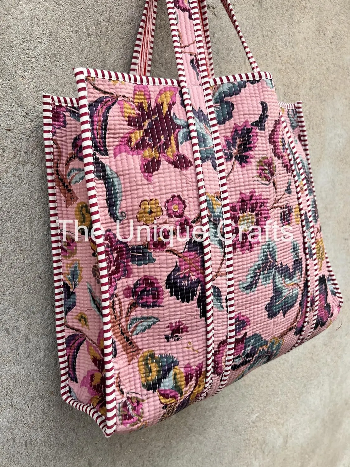 Women's Quilted Cotton Tote Bag Handprinted Reversible Hand Block Print Shoulder Bag Women Handbag Traveling Bag