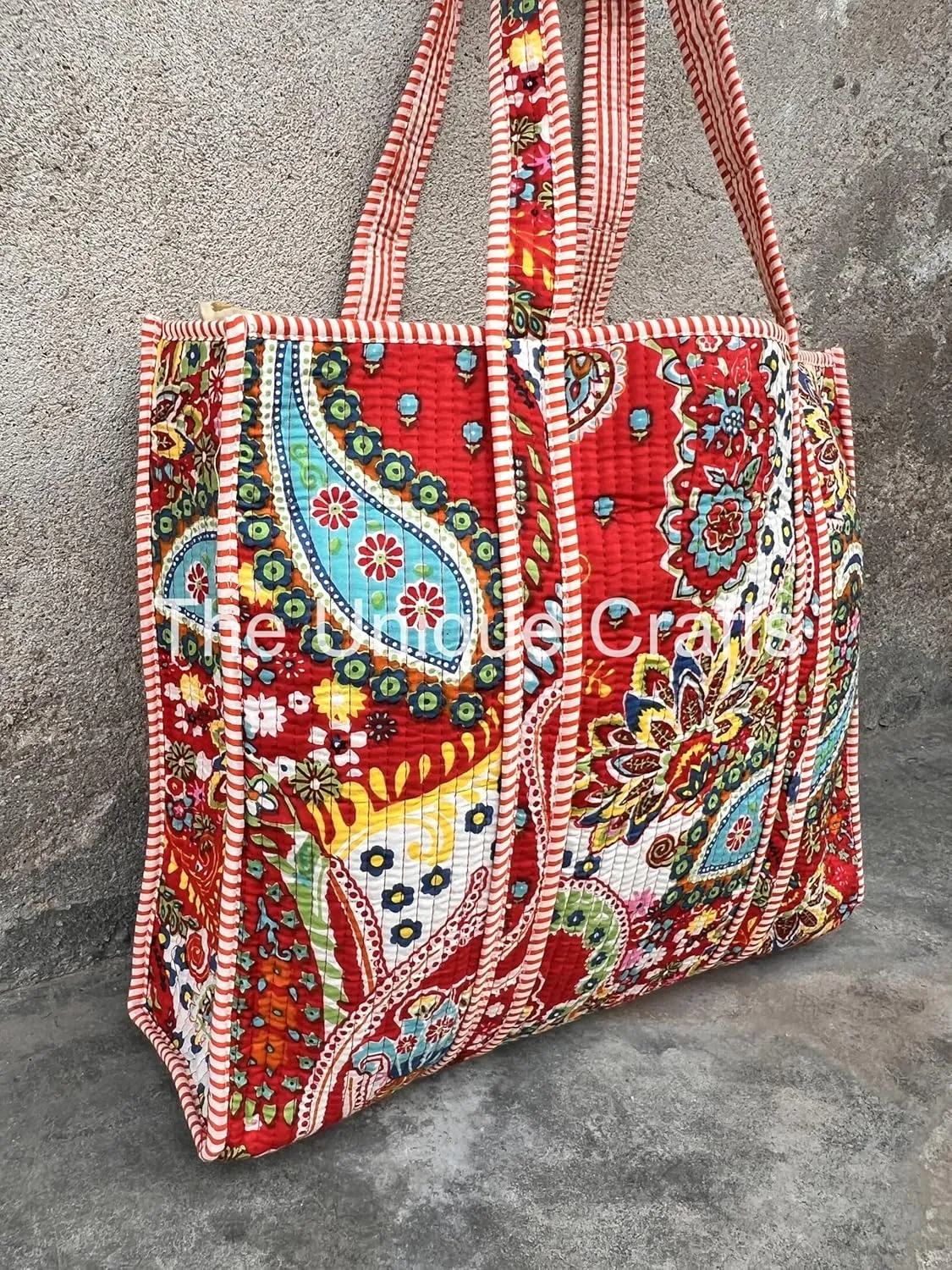 Women's Quilted Cotton Tote Bag Handprinted Reversible Hand Block Print Shoulder Bag Women Handbag Traveling Bag