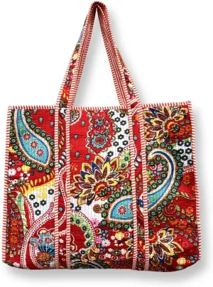 Women's Quilted Cotton Tote Bag Handprinted Reversible Hand Block Print Shoulder Bag Women Handbag Traveling Bag