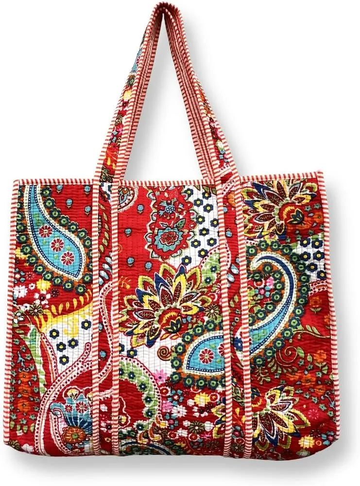 Women's Quilted Cotton Tote Bag Handprinted Reversible Hand Block Print Shoulder Bag Women Handbag Traveling Bag