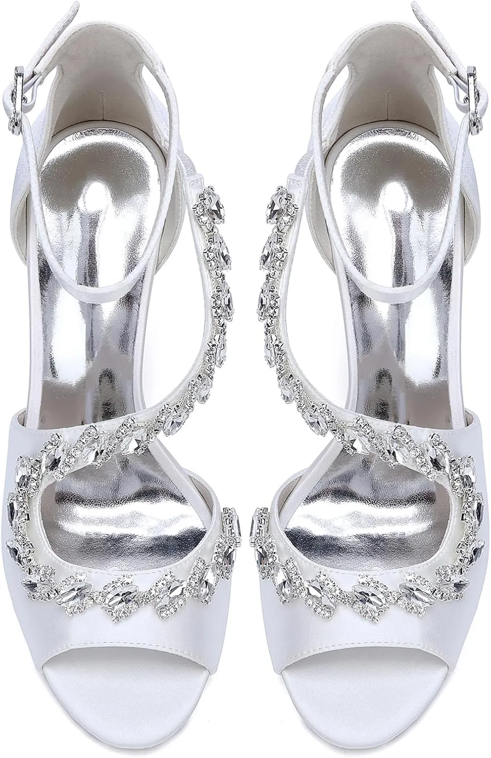 Womens Rhine Stones S Strap Shoes 9.5CM Bridal Satin Peep Toe Fish Mouth Buckle Strap Stiletto Pumpssandals Wedding Business Dress Shoes