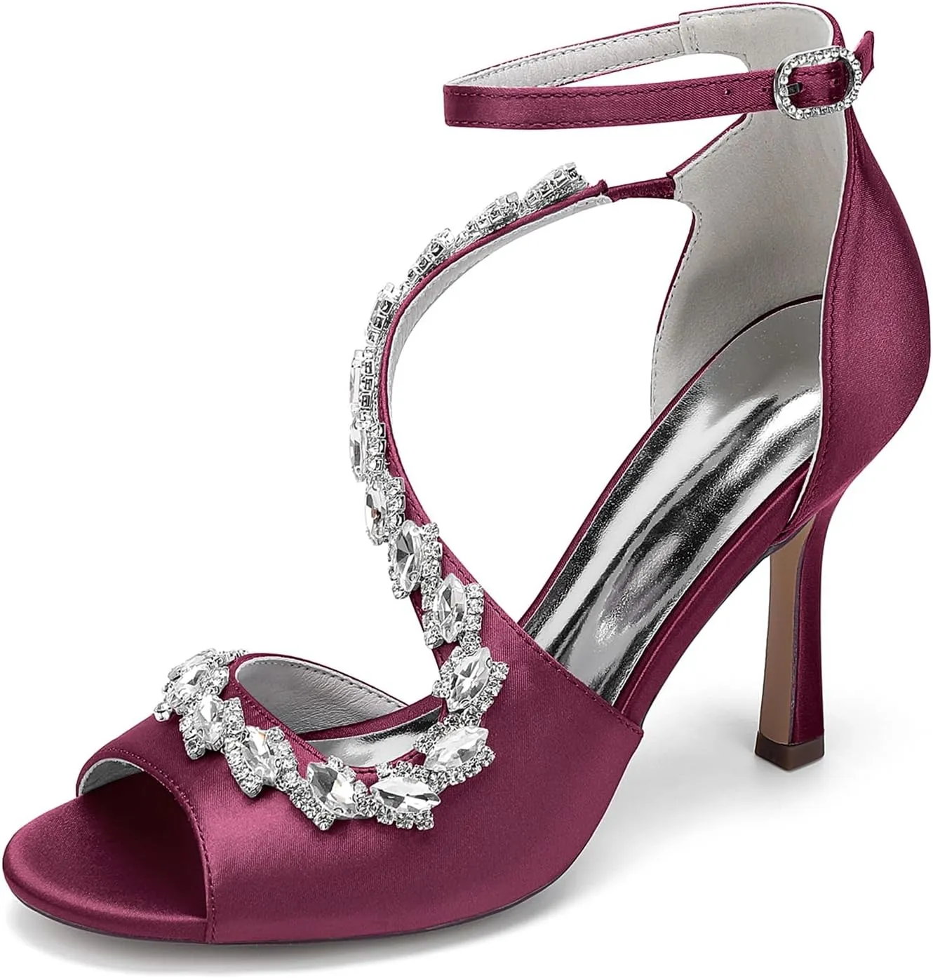 Womens Rhine Stones S Strap Shoes 9.5CM Bridal Satin Peep Toe Fish Mouth Buckle Strap Stiletto Pumpssandals Wedding Business Dress Shoes