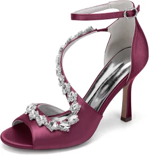 Womens Rhine Stones S Strap Shoes 9.5CM Bridal Satin Peep Toe Fish Mouth Buckle Strap Stiletto Pumpssandals Wedding Business Dress Shoes