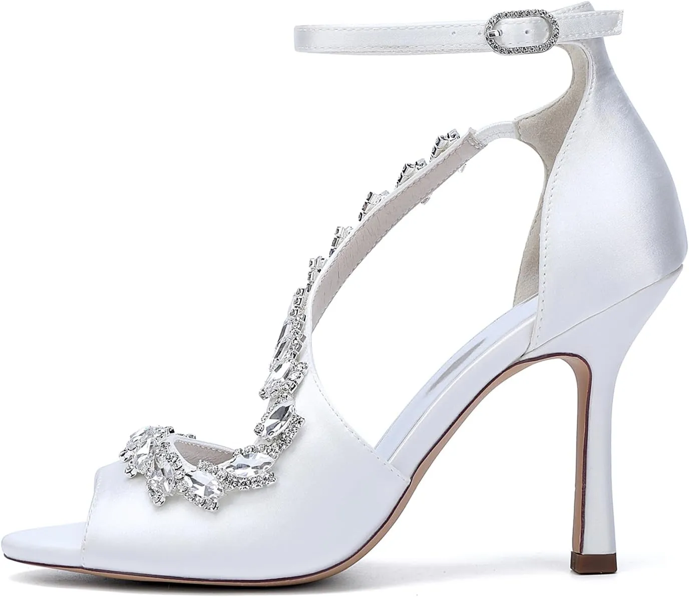 Womens Rhine Stones S Strap Shoes 9.5CM Bridal Satin Peep Toe Fish Mouth Buckle Strap Stiletto Pumpssandals Wedding Business Dress Shoes
