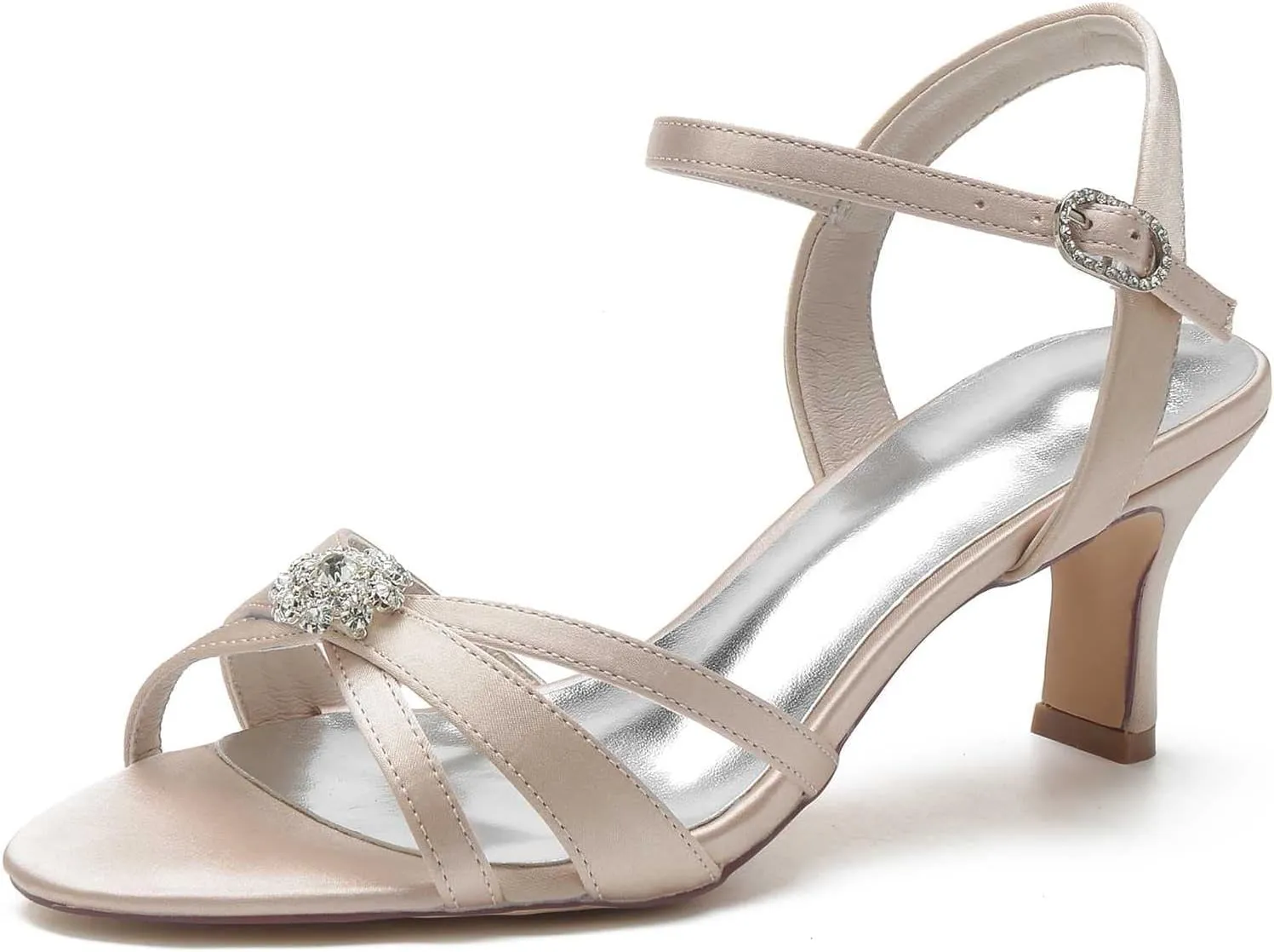 Women's Rhinestone-Accent Lace & Satin Open-Toe Mary Jane Pump Shoes - Classic Low Heel Design, Perfect for Parties, Weddings, and Dress Events