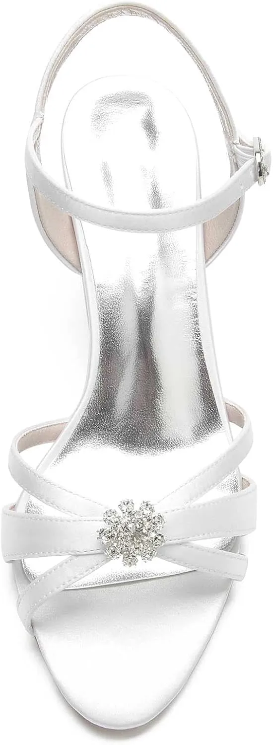 Women's Rhinestone-Accent Lace & Satin Open-Toe Mary Jane Pump Shoes - Classic Low Heel Design, Perfect for Parties, Weddings, and Dress Events