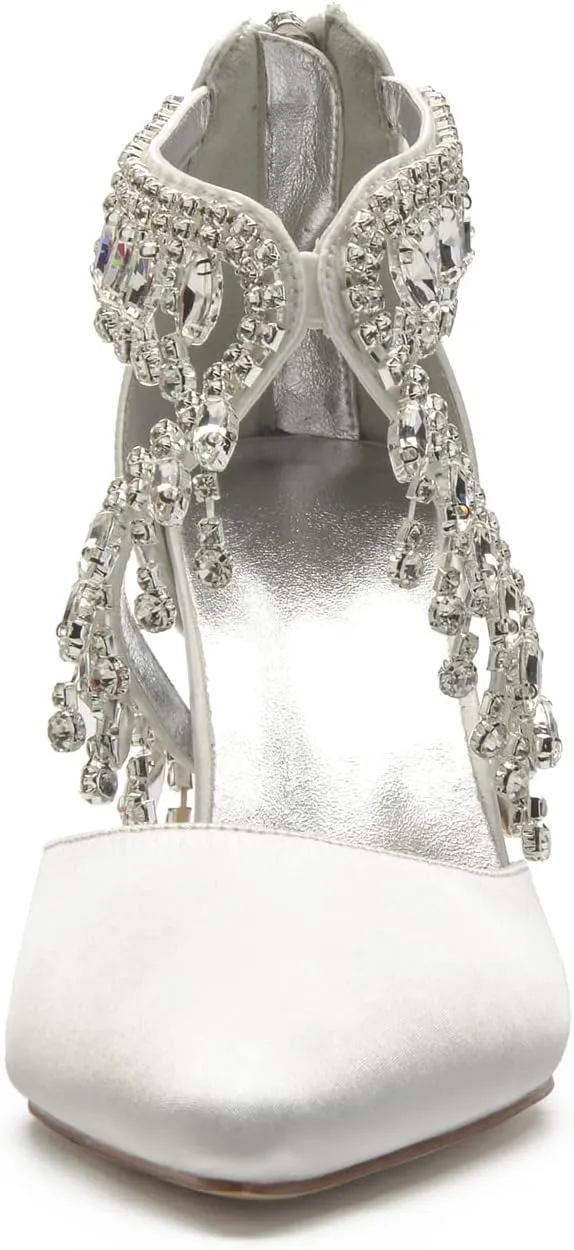 Women's Rhinestone Wedding Heels Mid Heels Satin Pointy Toe Bridal Wedding Shoes for Bride Prom Party Pumps