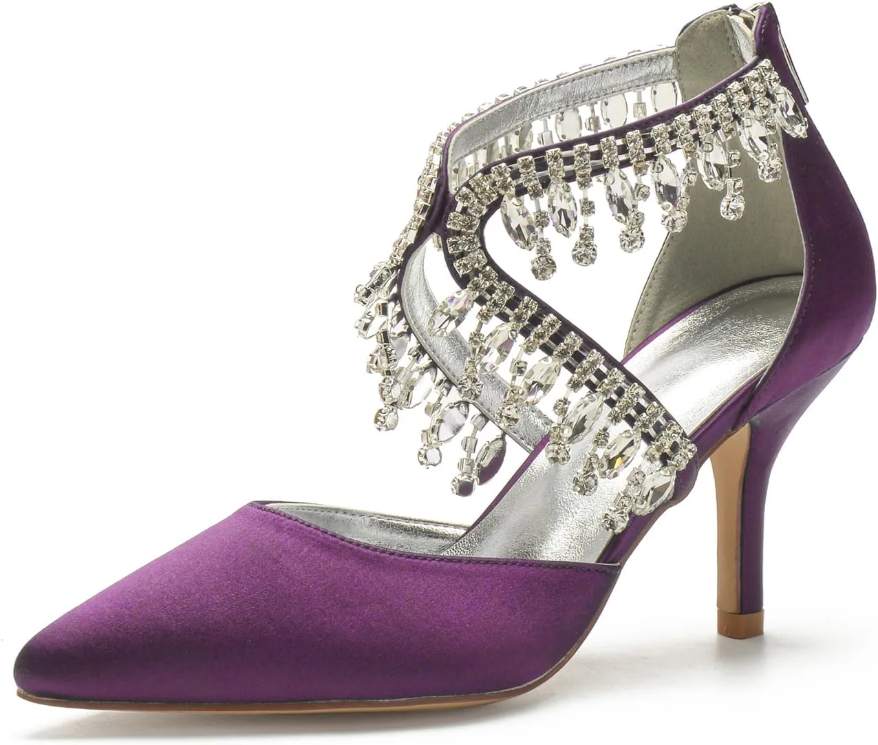 Women's Rhinestone Wedding Heels Mid Heels Satin Pointy Toe Bridal Wedding Shoes for Bride Prom Party Pumps