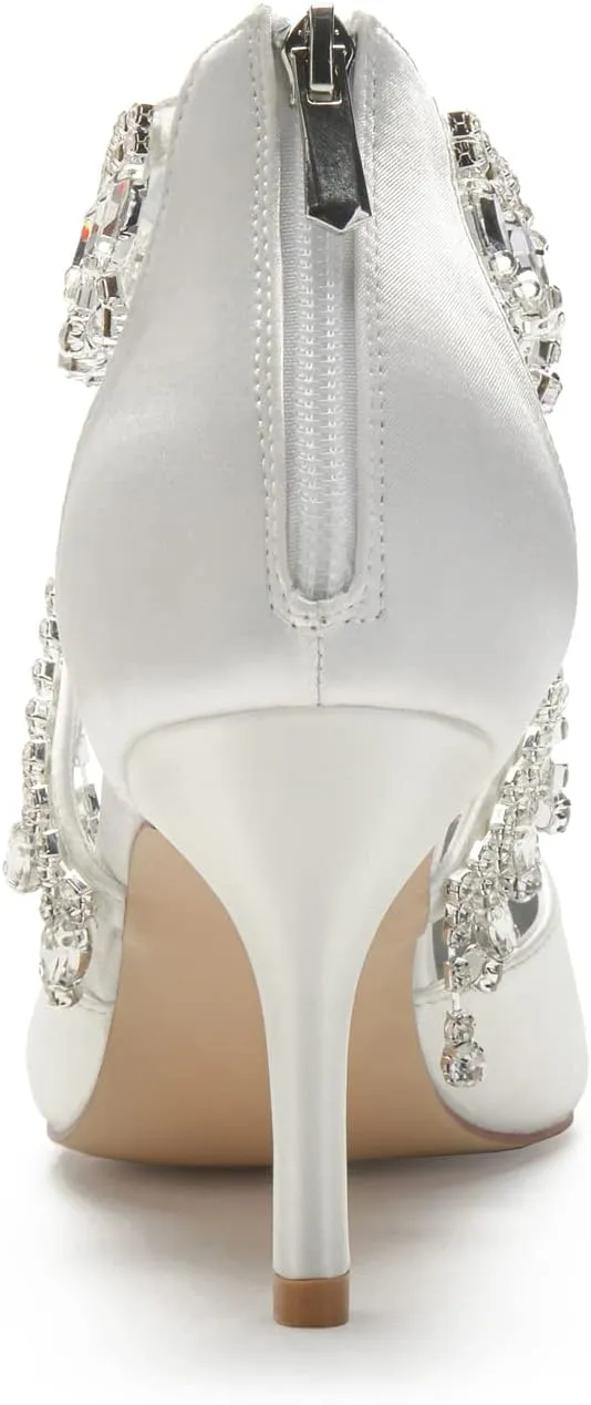 Women's Rhinestone Wedding Heels Mid Heels Satin Pointy Toe Bridal Wedding Shoes for Bride Prom Party Pumps