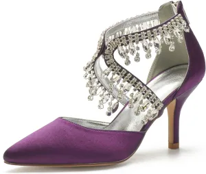 Women's Rhinestone Wedding Heels Mid Heels Satin Pointy Toe Bridal Wedding Shoes for Bride Prom Party Pumps