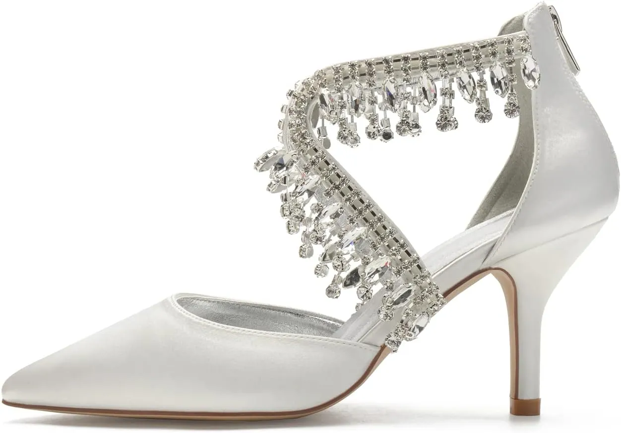 Women's Rhinestone Wedding Heels Mid Heels Satin Pointy Toe Bridal Wedding Shoes for Bride Prom Party Pumps