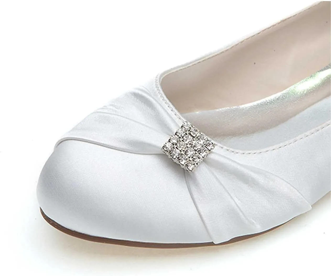 Women's Round Toe Satin Flats with Rhinestone Detail, Comfortable Dress Shoes for Wedding, Bridal, & Everyday Wear - Slip-On Pumps & Sandals