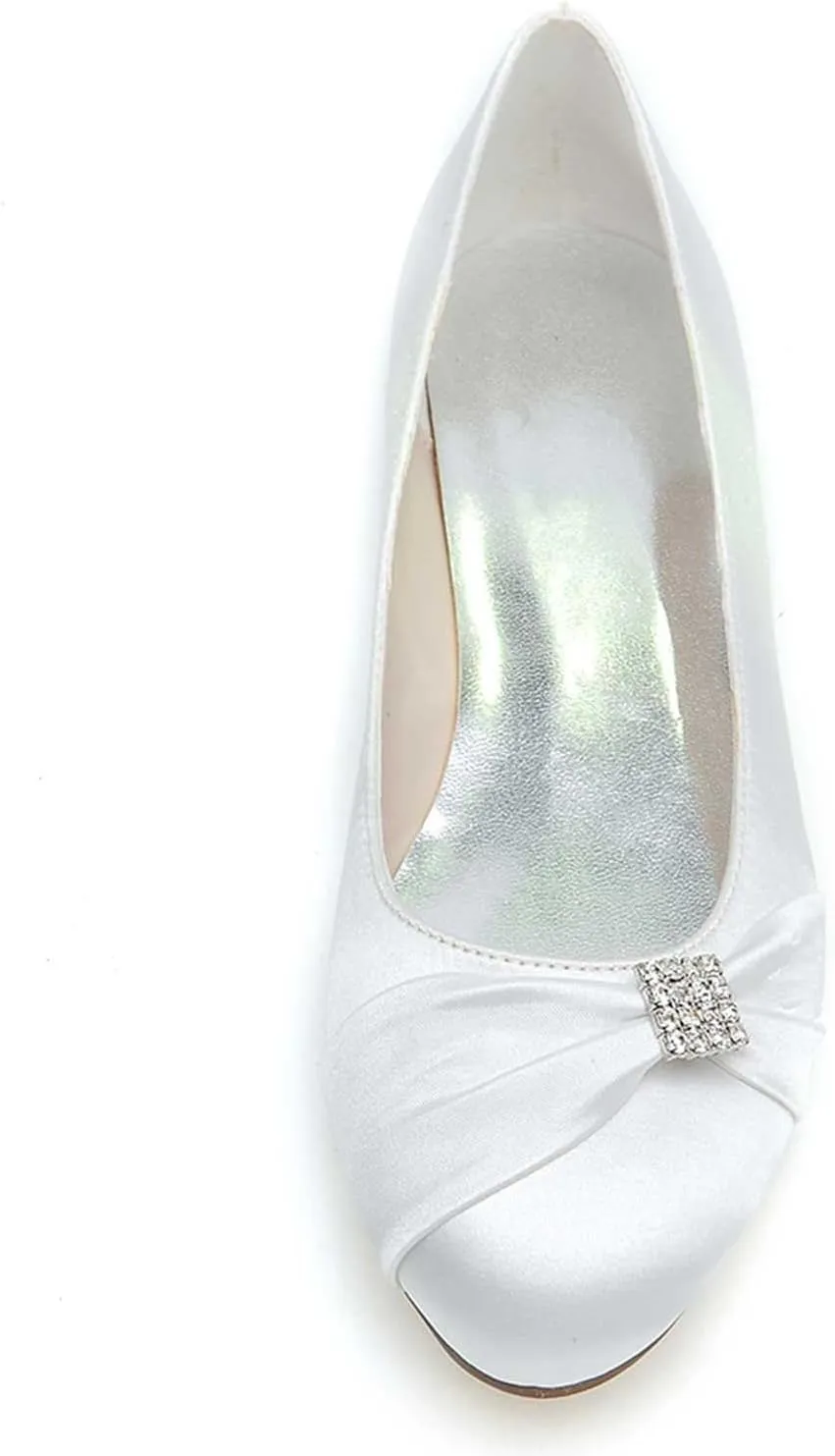 Women's Round Toe Satin Flats with Rhinestone Detail, Comfortable Dress Shoes for Wedding, Bridal, & Everyday Wear - Slip-On Pumps & Sandals