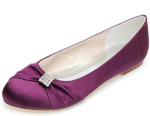 Women's Round Toe Satin Flats with Rhinestone Detail, Comfortable Dress Shoes for Wedding, Bridal, & Everyday Wear - Slip-On Pumps & Sandals