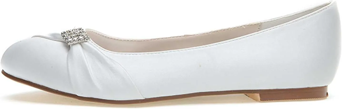 Women's Round Toe Satin Flats with Rhinestone Detail, Comfortable Dress Shoes for Wedding, Bridal, & Everyday Wear - Slip-On Pumps & Sandals