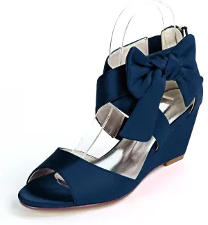 Women's Satin Open Toe Platform Wedge Sandals with Round Toe High Heels for Evening Proms and Weddings
