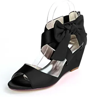 Women's Satin Open Toe Platform Wedge Sandals with Round Toe High Heels for Evening Proms and Weddings