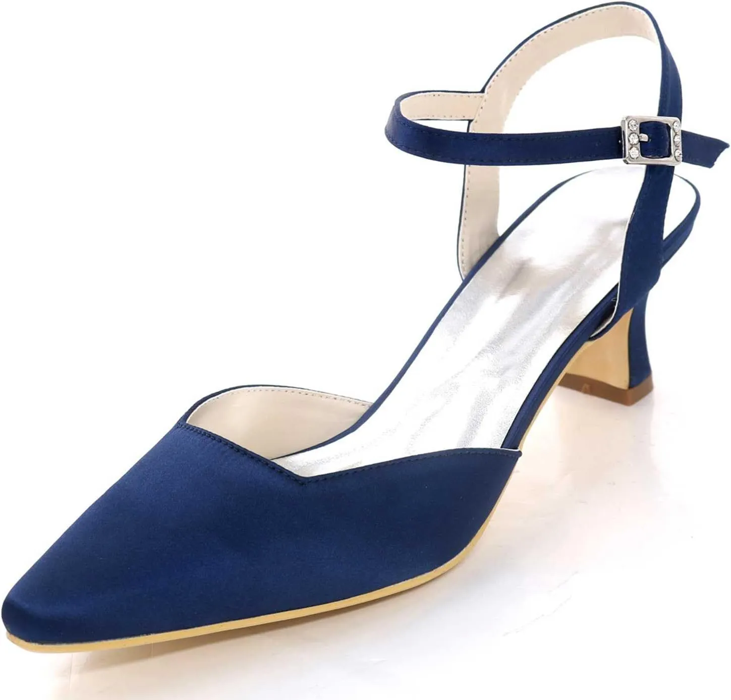 Women's Satin Slip-On Kitten Heel Pumps - Closed Toe with Buckle, Ideal for Dresses, Bridal, Wedding Parties, Evening Proms & Dance