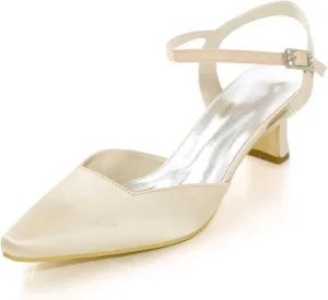 Women's Satin Slip-On Kitten Heel Pumps - Closed Toe with Buckle, Ideal for Dresses, Bridal, Wedding Parties, Evening Proms & Dance