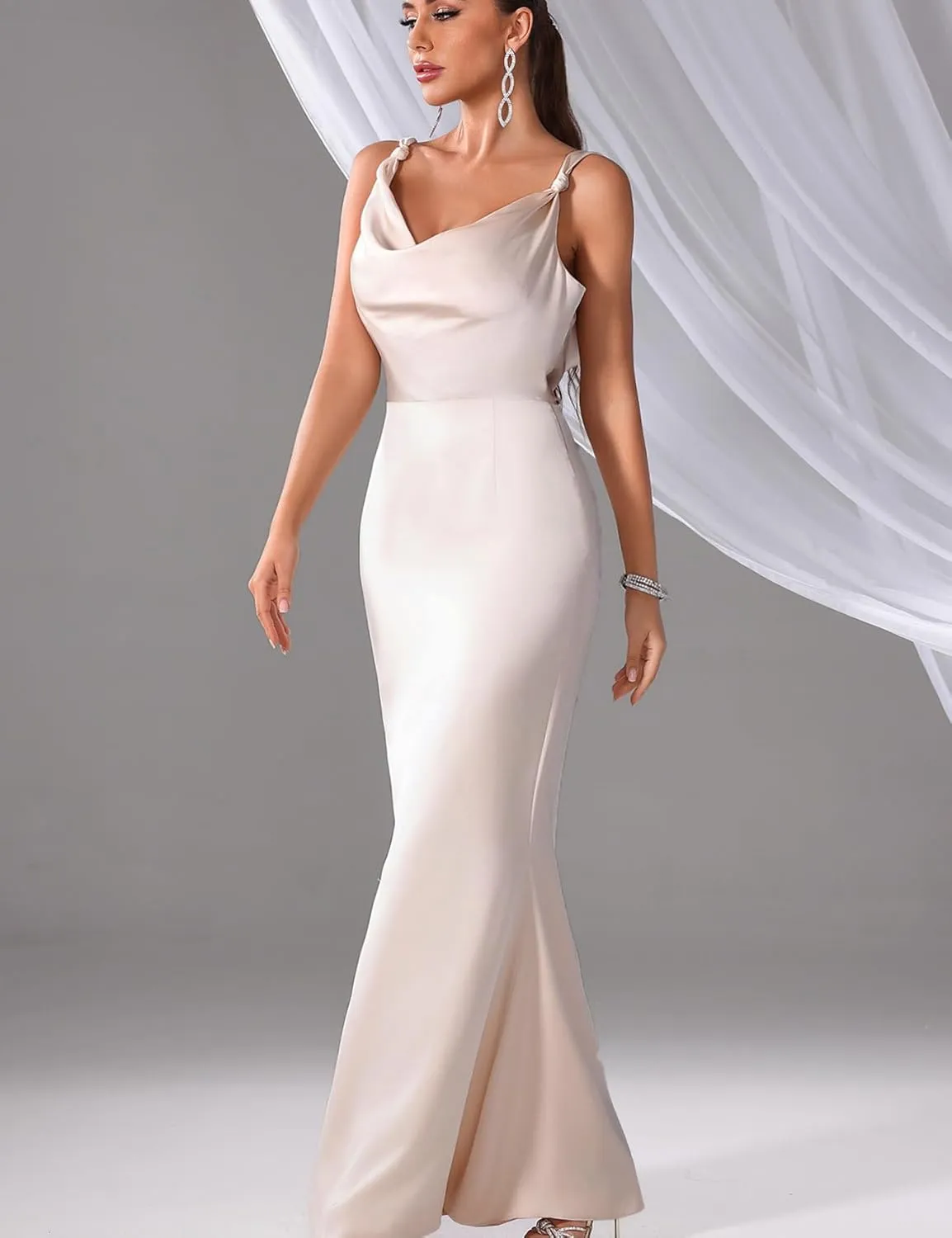 Women's Satin Strap Backless Fold Sleeveless Cocktail Maxi Dress for Women,Champagne