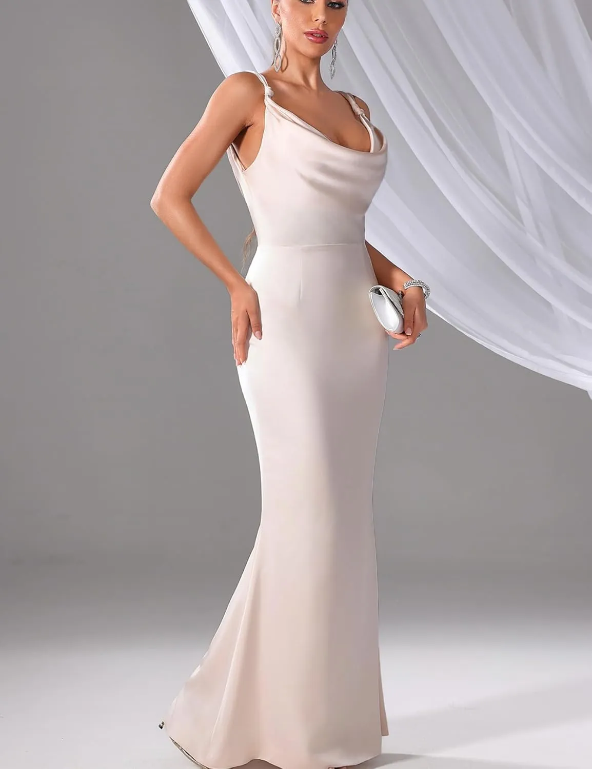 Women's Satin Strap Backless Fold Sleeveless Cocktail Maxi Dress for Women,Champagne