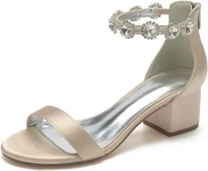 Women's Satin Wedding Shoes for Bride Block Heels Crystal Bridal Shoes Low Heels Prom Shoes 702-26