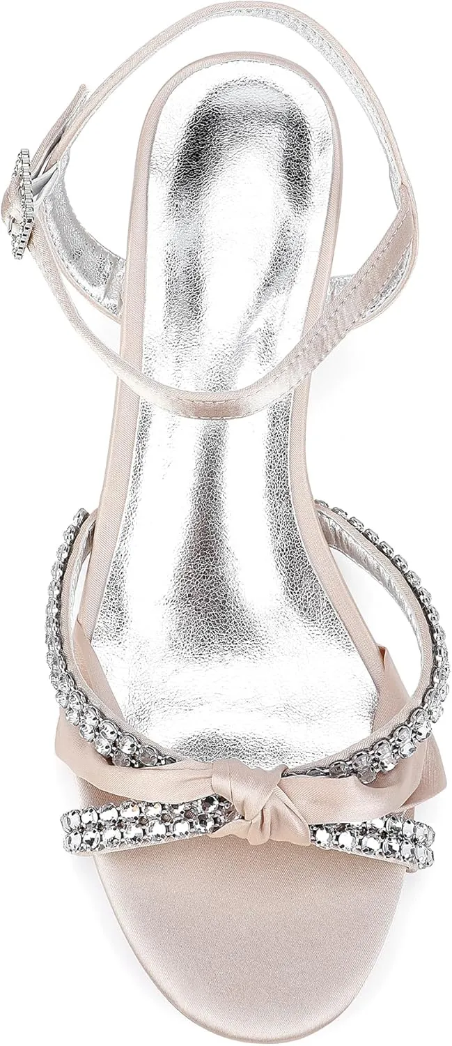 Women's Satin Wedge Sandals Rhinestone Bowknot Wedding Party Shoes with Crystal Ear stud