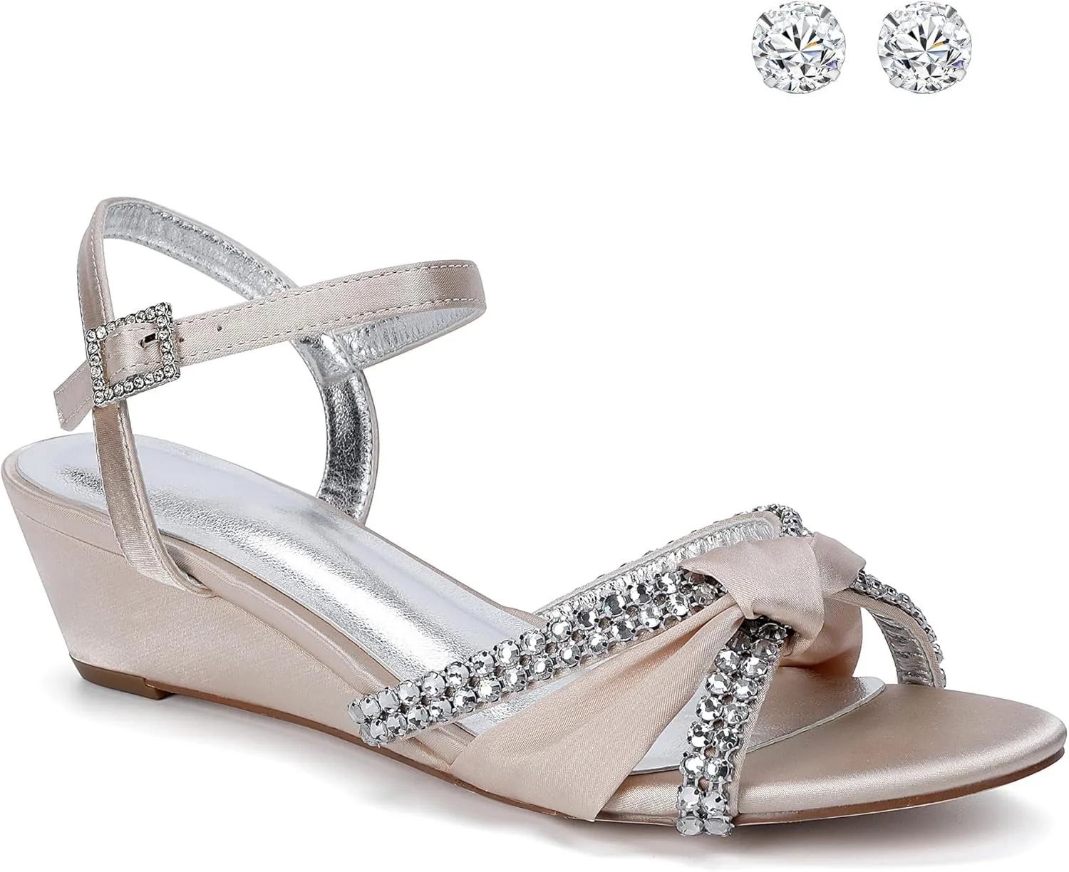 Women's Satin Wedge Sandals Rhinestone Bowknot Wedding Party Shoes with Crystal Ear stud