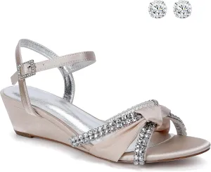 Women's Satin Wedge Sandals Rhinestone Bowknot Wedding Party Shoes with Crystal Ear stud