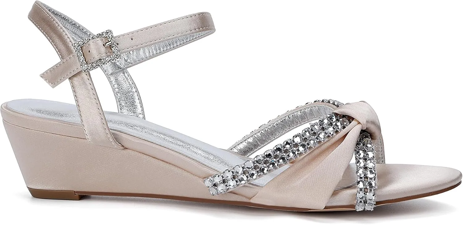 Women's Satin Wedge Sandals Rhinestone Bowknot Wedding Party Shoes with Crystal Ear stud