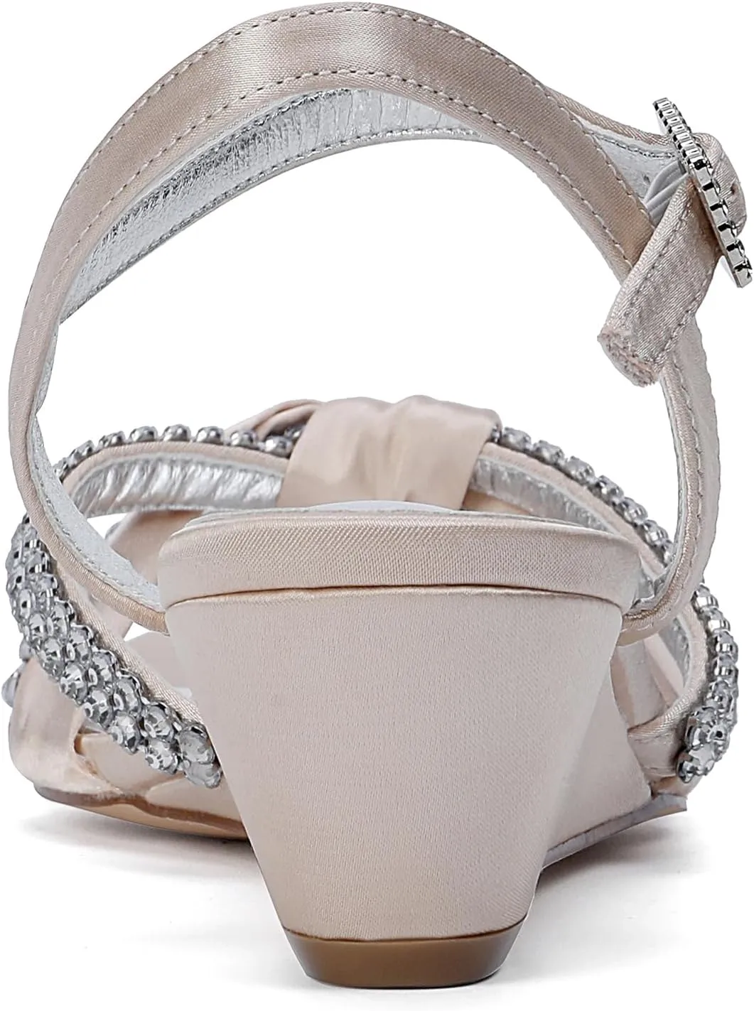 Women's Satin Wedge Sandals Rhinestone Bowknot Wedding Party Shoes with Crystal Ear stud