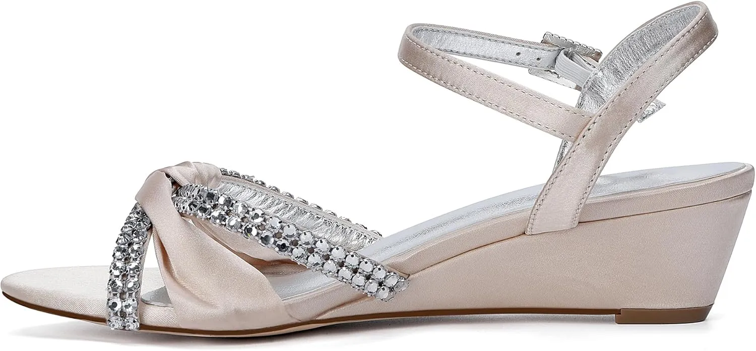 Women's Satin Wedge Sandals Rhinestone Bowknot Wedding Party Shoes with Crystal Ear stud