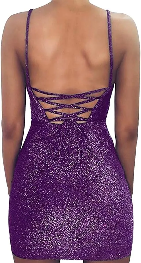 Women's Sexy Glitter Spagetti Straps Lace Up Back Bandage Bodycon Mini Club Party Dress