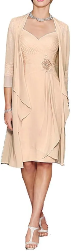 Women's Sheath Short Lace&Chiffon Mother of The Bride Dresses with Jacket