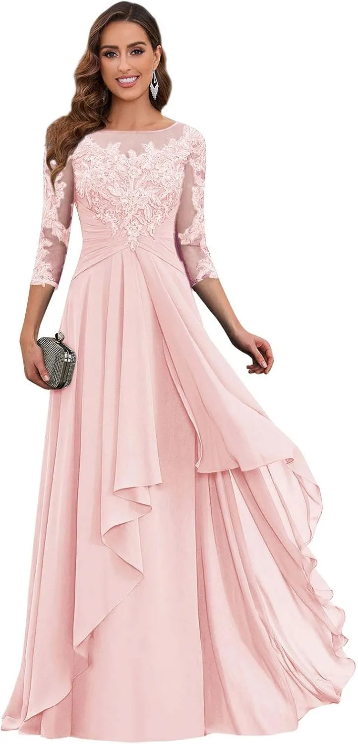 Women's Short Sleeve Mother of The Bride Dresses for Wedding Long Ruffles Chiffon Formal Evening Gowns