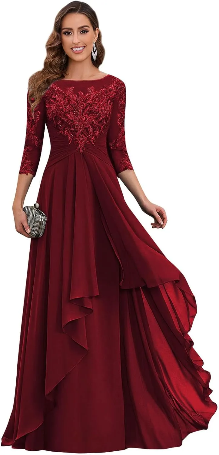 Women's Short Sleeve Mother of The Bride Dresses for Wedding Long Ruffles Chiffon Formal Evening Gowns