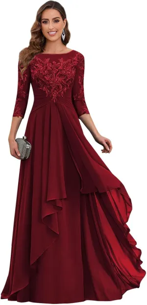 Women's Short Sleeve Mother of The Bride Dresses for Wedding Long Ruffles Chiffon Formal Evening Gowns