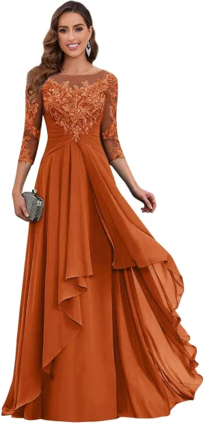 Women's Short Sleeve Mother of The Bride Dresses for Wedding Long Ruffles Chiffon Formal Evening Gowns