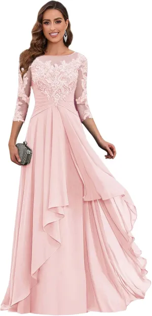 Women's Short Sleeve Mother of The Bride Dresses for Wedding Long Ruffles Chiffon Formal Evening Gowns
