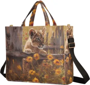 Women's Shoulder Handbags Cub Lion Floral Fence Print, Corduroy Tote Bag Large Capacity Small Size