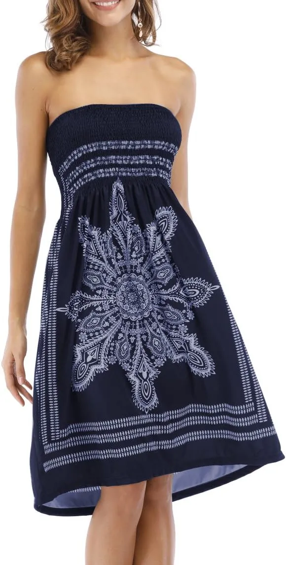 Women's Strapless Floral Bohemian Casual Mini Beach Dress Cover-ups Dress