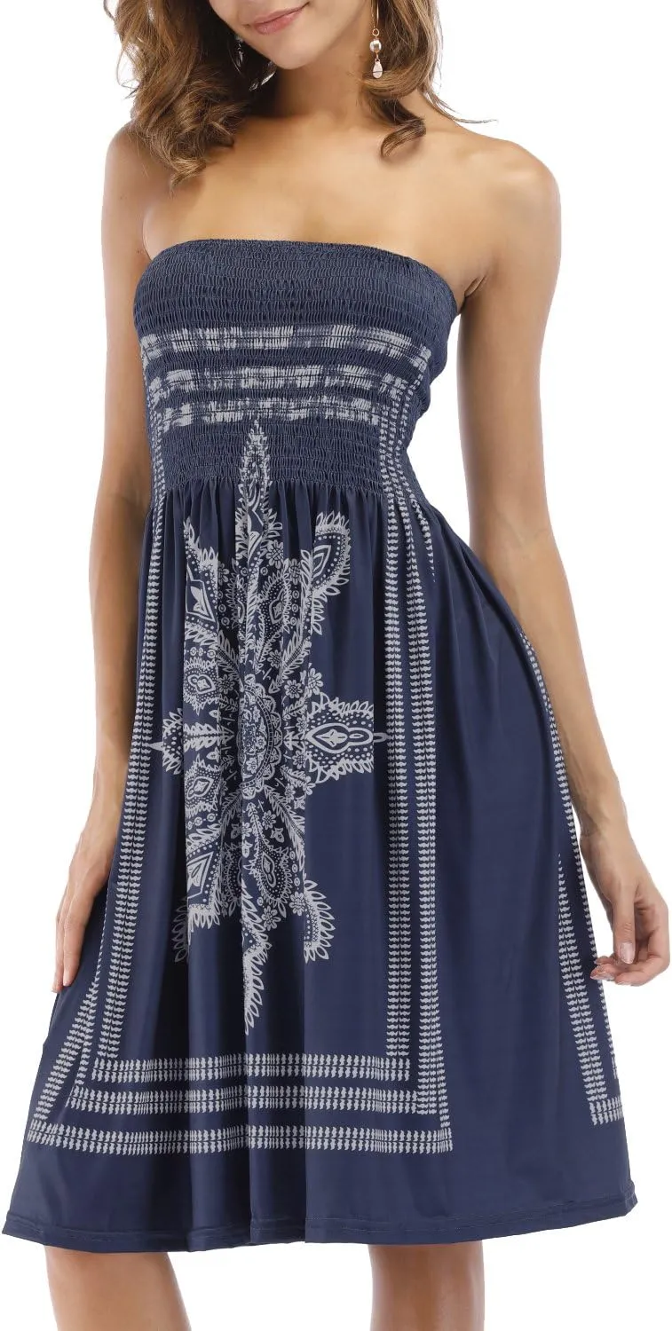Women's Strapless Floral Bohemian Casual Mini Beach Dress Cover-ups Dress