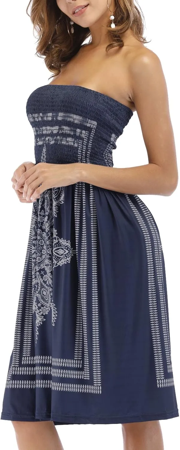 Women's Strapless Floral Bohemian Casual Mini Beach Dress Cover-ups Dress