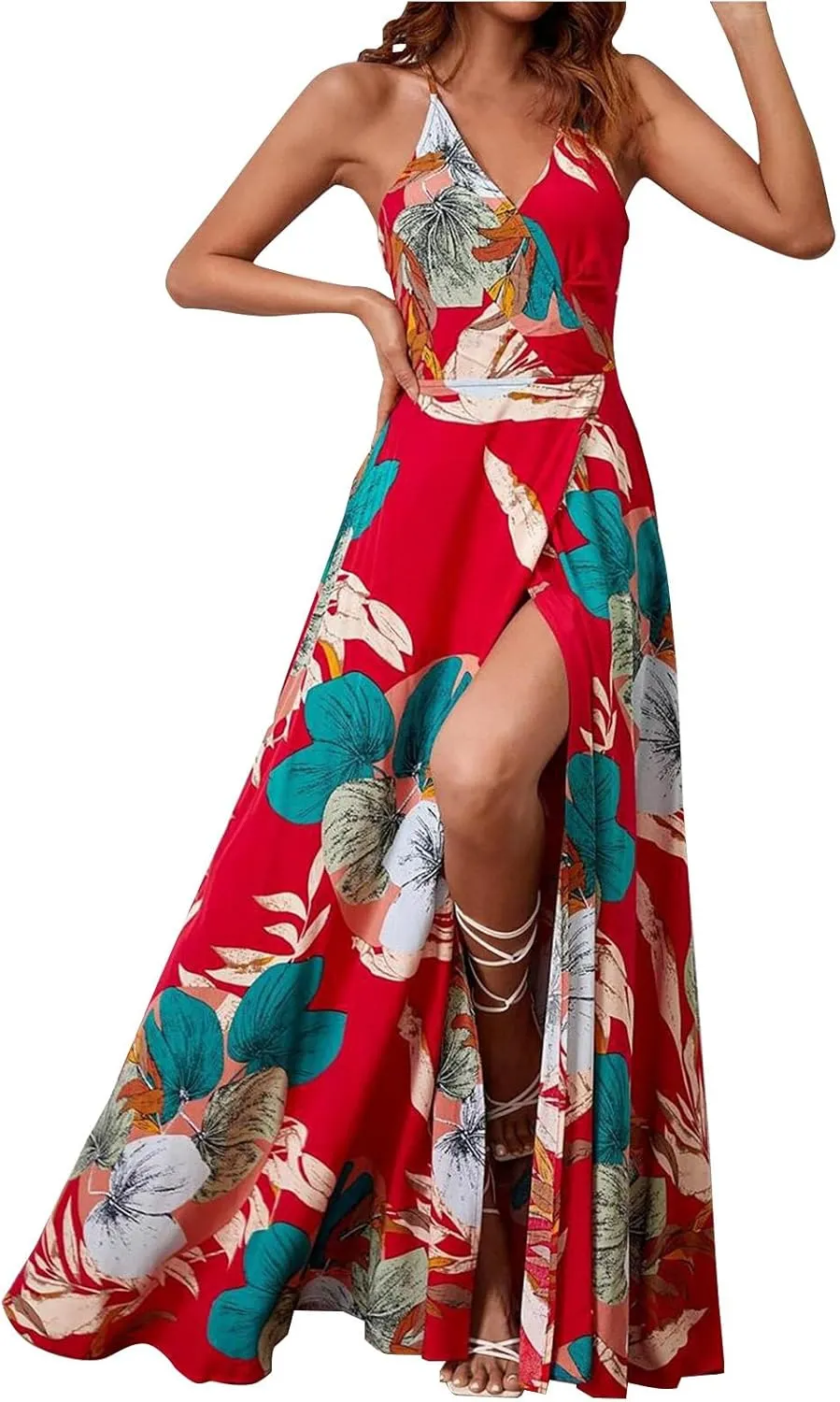 Womens Summer Boho Floral Dress Sleeveless Spaghetti Strap Maxi Dress Evening Party V Neck High Slit Beach Sundress