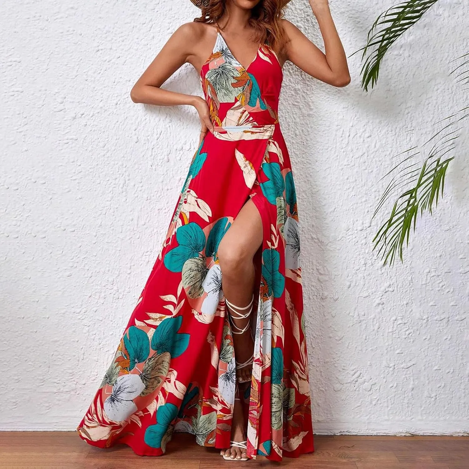 Womens Summer Boho Floral Dress Sleeveless Spaghetti Strap Maxi Dress Evening Party V Neck High Slit Beach Sundress