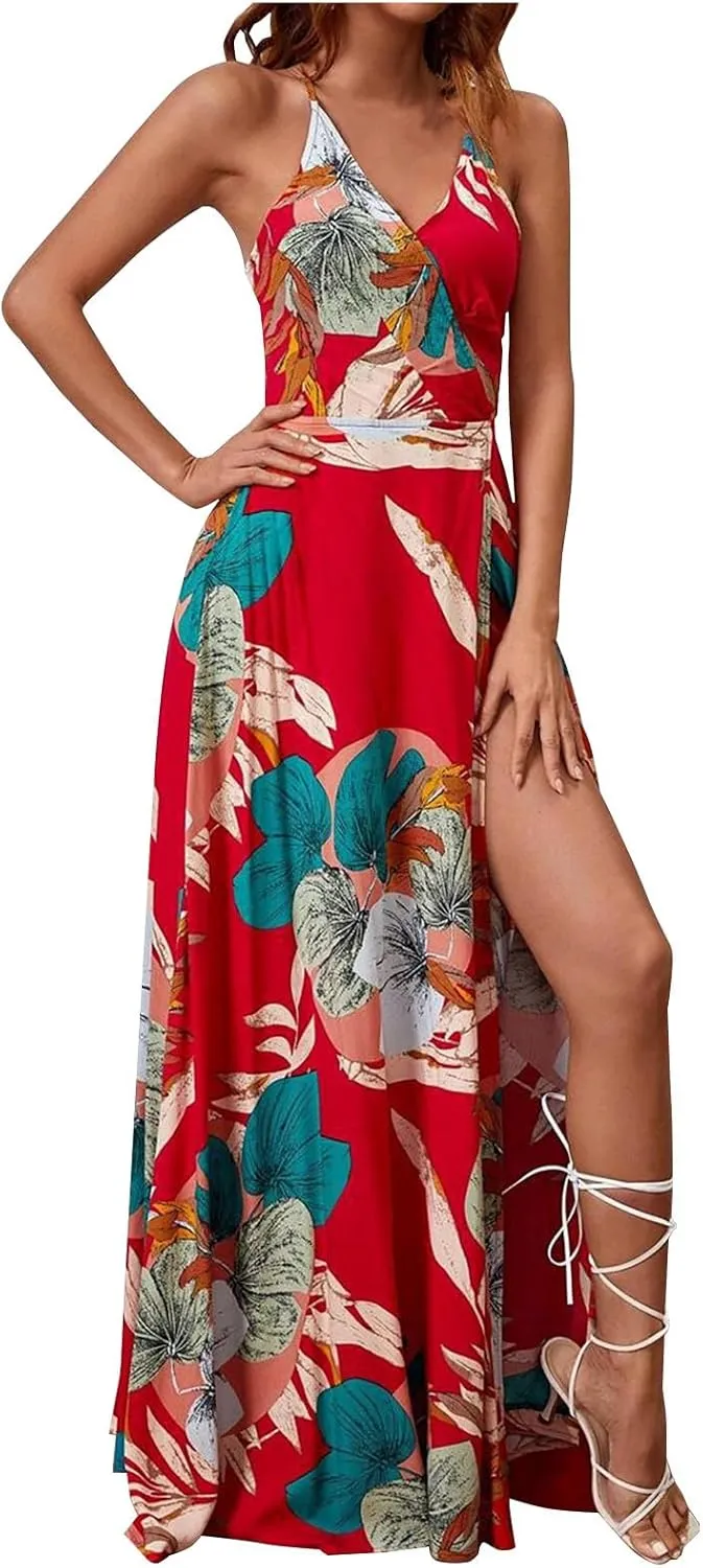 Womens Summer Boho Floral Dress Sleeveless Spaghetti Strap Maxi Dress Evening Party V Neck High Slit Beach Sundress
