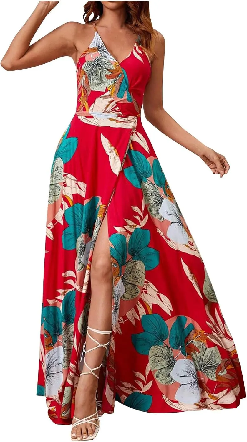 Womens Summer Boho Floral Dress Sleeveless Spaghetti Strap Maxi Dress Evening Party V Neck High Slit Beach Sundress
